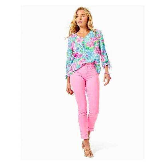 Lilly Pulitzer South Ocean High Rise 29" Crop Skinny Jeans in Pink size 4 - Picture 2 of 9